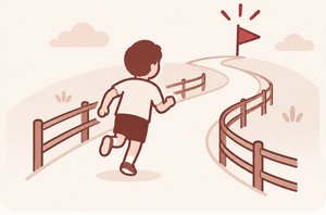 主体性・ガードレール型：柵で囲まれた道を、旗に向かって走る子どものイラスト