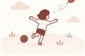 自由・放牧型：草地で両手を広げ、葉を目で追う子どものイラスト