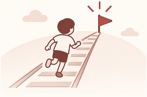 自主性・線路型：線路の上を走り、旗に向かう子どものイラスト